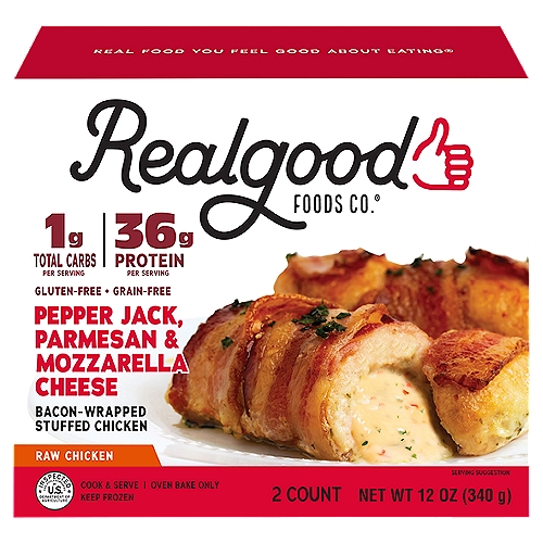 Realgood Raw Bacon Wrapped Pepperjack Cheese Stuffed Chicken, 2 count, 12 oz
Chicken Used Is Raised without Hormones* & Antibiotics
*Federal regulations prohibit the use of hormones in poultry.