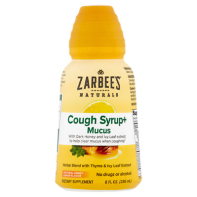 Zarbee's Naturals Cough Syrup+ Mucus Natural Honey Lemon Flavor Dietary Supplement, 8 fl oz
