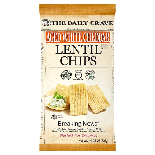 The Daily Crave Breaking News Aged White Cheddar Flavored Lentil Chips, 4.25 oz
Online Today
In the media
Lentil Chips are Perfect for Dipping
Consumers have found these wonderful chips to be a great tasting alternative to other snacks. Their unique shapes are perfect for pairing with your favorite dips and can instantly liven up any party! With non GMO and vegan varieties, you're sure to find the right flavor to suit your snacking desire. So go ahead and "Give In To Your Cravings.®"

This Just In
Breaking news
Thriving with a Gluten-Free Lifestyle
Snacking well never tasted so good! Say goodbye to greasy chips that are full of artificial additives. The Daily Crave® Lentil Chips contain no artificial preservatives or flavors and still give you all the great taste you desire. These tasty alternative snacks fit in perfectly with a gluten-free lifestyle while delivering the crunch we all love. People looking for satisfying snacks no longer have to sacrifice. With simple ingredients you can pronounce, snacking well never tasted so good!