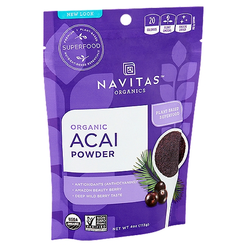 Navitas Organics Organic Acai Powder, 4 oz
Antioxidants (Anthocyanins)†
†Contains 4mg of Anthocyanins per serving.

Acai: Amazon Beauty Berry
Contains Omega Fatty Acids 3, 6 & 9‡
Notes Berry & Chocolate
‡ Contains 12mg omega-3, 160mg omega-6, 680mg omega-9 per serving.