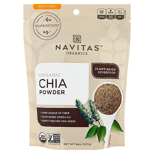 Navitas Organics Organic Chia Powder, 8 oz
Plant-Based Omega-3's†
† Contains 2254mg of omega-3 fatty acids per serving.

8x More Omega-3's than Salmon‡
‡ 100g of chia seeds contains 25.5g of polyunsaturated fats vs. 100g of Atlantic salmon contains 3.25g of polyunsaturated fats (USDA National Nutrient Database for Standard Reference Release 28).