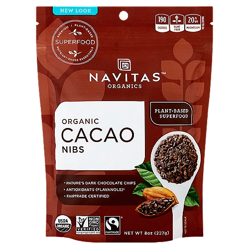 Navitas Organics Organic Cacao Nibs, 8 oz
Antioxidants (Flavanols)†
† Contains 480mg of flavanols per serving.

Superfood Promise:
Using the most health-boosting plants in the world, we promise our superfoods are organic, nutrient-dense & handled with care at every step.

Cacao: The Maya Food of the Gods
An Excellent Source of Fiber
1 Serv = 28% DV
Crushed Cacao Beans = Nibs