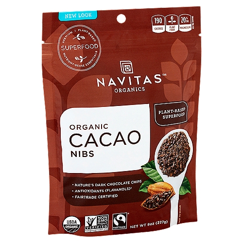 Navitas Organics Organic Cacao Nibs, 8 oz
Antioxidants (Flavanols)†
† Contains 480mg of flavanols per serving.

Superfood Promise:
Using the most health-boosting plants in the world, we promise our superfoods are organic, nutrient-dense & handled with care at every step.

Cacao: The Maya Food of the Gods
An Excellent Source of Fiber
1 Serv = 28% DV
Crushed Cacao Beans = Nibs