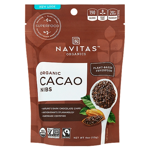 Navitas Organics Organic Cacao Nibs, 4 oz
- Antioxidants (flavanols)†
† Contains 480mg of flavanols per serving.

Superfood Promise:
Using the most health-boosting plants in the world, we promise our superfoods are organic, nutrient-dense & handled with care at every step.

Cacao: The Maya food of the gods
An excellent source of fiber 
1 serv = 28% DV
Crushed cacao beans = nibs