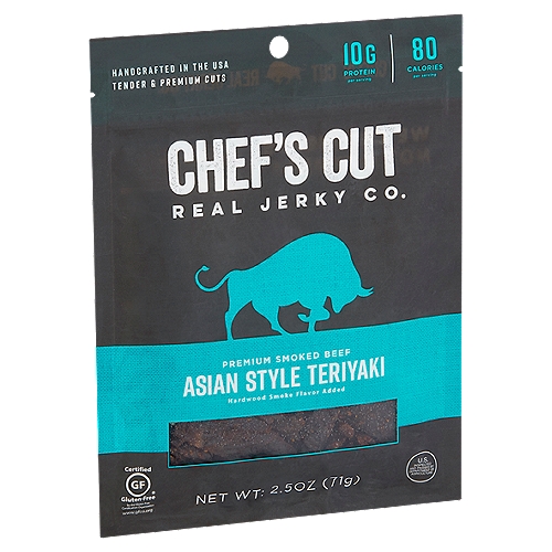 Chef's Cut Asian Style Teriyaki Premium Smoked Beef, 2.5 oz
Premium Meats
We exclusively use top round cuts from the USA because we believe that snacks should be just as high-quality as dinners.

Chef-Crafted Marinade
The best flavors come from kitchens, not labs. Our chef hand-crafts our marinades to bring out the natural flavor of all our ingredients.

Smoked to Perfection
Tenderness takes time, so we smoke our meats low and slow, creating our signature steak-in-a-bag texture.

No Nitrites Added *
*No nitrites or nitrates added except for those naturally occurring in cultured celery powder and sea salt..