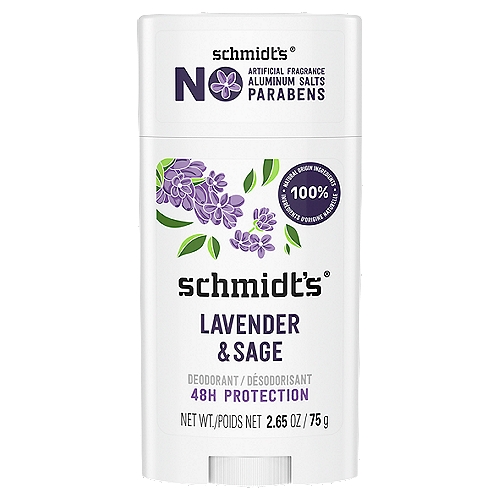 Schmidt's Aluminum Free Natural Deodorant Lavender & Sage, 2.65 oz
Really Natural. Really Works. Schmidt's Lavender and amp; Sage is the first Ecocert Certified Natural Deodorant in the US Formulated with certified 100 percent natural origin ingredients, this natural deodorant for women and men is made without aluminum, and is certified vegan by Vegan Action and Leaping Bunny certified cruelty free. Our natural deodorant formula helps neutralize odor and keep you fresh, enriched with magnesium, and offers all day 24 hour odor protection while being gentle on skin. Schmidt's is made with plant based oils and butters like coconut oil, jojoba seed oil, and shea moisture butter, as well as vitamin E. Luxurious, long lasting scents made with 100 percent natural origin fragrance are never synthetic, always made with plant isolates and essential oils like tea tree oil, jasmine oil, and lavender oil. All of our Schmidt's natural deodorant sticks require only a small amount of application for great results. To use, hold the product momentarily to skin to soften on contact with body heat. Gently apply a small amount to dry, clean underarms to keep you feeling fresh all day. 1 2 swipes for application are all you need. The non greasy and non sticky feel allows the deodorant to be easily absorbed. Do not apply to irritated, damaged or freshly shaved skin

Deodorant: This Formula with Natural Ingredients Helps Neutralise Odour and Keep You Fresh. Free of Aluminum Salts, Propylene Glycol, Parabens & Phthalates.