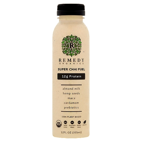Remedy Organics Super Chai Fuel Drink, 12 fl oz
Almonds - heart health
Hemp seeds - brain health
Maca - energy
Prebiotics - gut health
Protein - muscle recovery