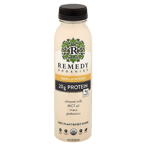Remedy Organics Almond Milk, MCT Oil, Maca, Prebiotics Vanilla Essentials Drink, 12 fl oz
Almonds - heart health
MCT oil - digestion/energy
Maca - energy
Prebiotics - gut health
Protein - muscle recovery