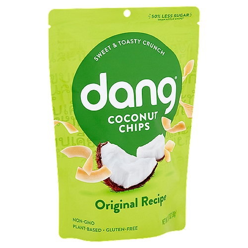 Dang Original Recipe Coconut Chips, 3.17 oz
50% Less Sugar than Apple Chips*
*1 Serving of Dang Original Recipe Coconut Chips (30g) Contains 10.5g of Sugar, 1 Serving of Apple Chips (30g) Contains 21g of Sugar

What's a Coconut Chip?
Coconut Chips — Ma Praw Ob Krob — started the Dang journey. We harvest mature Thai coconuts, slice up the coconut meat, and toast it to perfection using a recipe that's true to our roots. Snack straight from the bag, or add a satisfying crunch to your smoothie bowl, salad, or yogurt.

Nothing But the Good Stuff:
• Non-GMO
• Dairy-free
• Vegan
• Gluten-free
• Soy-free
• No preservatives