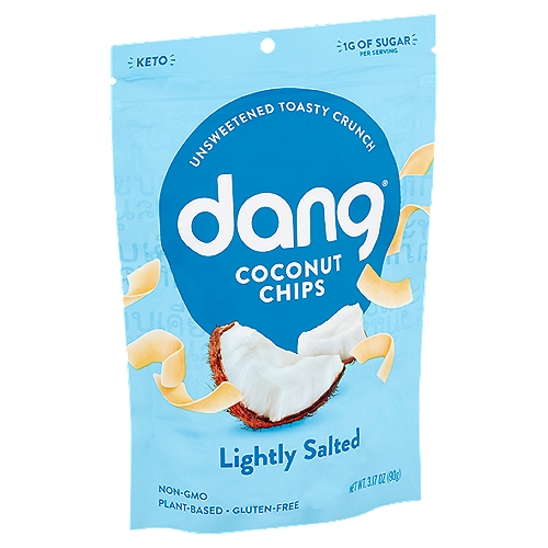 Dang Lightly Salted Coconut Chips, 3.17 oz
What's a Coconut Chip?
Coconut Chips — Ma Praw Ob Krob — started the Dang journey. We harvest mature Thai coconuts. slice up the coconut meat, and toast it to perfection using a recipe that's true to our roots. Snack straight from the bag, or add a satisfying crunch to your smoothie bowl, salad, or yogurt.

Nothing But the Good Stuff:
• Non-GMO
• Dairy-Free
• Vegan
• Gluten-free
• Soy-free
• No preservatives