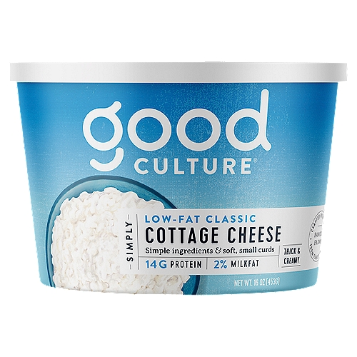 Good Culture Simply Low-Fat Classic Cottage Cheese, 16 oz
Made from stuff you can pronounce, produced by people who love the planet and who really, really like cottage cheese.

Milk from Cows not Treated with the Growth Hormone rBST. No Significant Difference Has Been Shown in Milk from Cows Treated with rBST and Non-rBST Treated Cows.

What's so Good About It?
- High Protein
- Thick & Creamy
- Live & Active Cultures
- Sea Salt
- No Gums
- No Carrageenan
- No Chemical Preservatives
- No Added Hormones
- No Artificial Anything