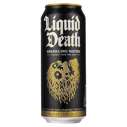 Liquid Death Sparkling Water, 16.9 fl oz
This Infinitely Recyclable Can of Stone-Cold Sparkling Water Came Straight from the Alps to Murder Your Thirst.
When a Group of Teenagers Set Off into the Mountains for a Weekend of Drinking Regular Water in Plastic Bottles, they Became Hunted by an Aluminum Can of Mountain Water that Was Dead Set on Murdering their Thirsts and Recycling their Souls.
Once Cracked Open, No Thirsts is Safe from Liquid Death. After Ritually Dismembering Its Thirst Victims, this Brutal Can of Water Used the Severed Body Parts of Dead Thirsts to Build Itself a Flesh Suit which It Used as a Disguise to Get a Job in Marketing. But Liquid Death Never Took the Job. It Just Murdered a Bunch More Thirsts Instead.
