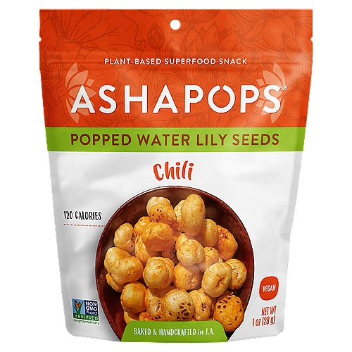 ASHAPOPS POPPED WATER LILY SEEDS - CHILI LIME. PLANT-BASED SUPERFOOD SNACK. NON-GMO. SUGAR FREE. VEGAN. 1 OUNCE.