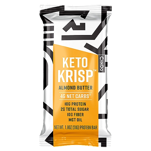 CanDo Κeto Krisp Almond Butter Protein Bar, 1.8 oz
Move over, peanut butter. We've married the flavor of creamy roasted California almonds with the texture of a rice crispy treat.

Net Carbs
Total Carbs (18g) - Fiber (10g) - Sugar Alcohol (4g) = 4g Net Carbs