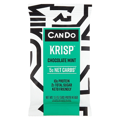 CanDo Keto Krisp Chocolate Mint Protein Bar, 1.8 oz
This bar is equally refreshing & indulgent: Rich chocolate with a burst of fresh peppermint, all with a satisfying krisp.

5g Net Carbs†
Net Carbs†
Total Carbs (19g) - Fiber (10g) - Sugar Alcohol (4g) = 5g Net Carbs
