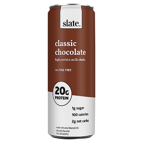 Slate Classic Chocolate Ultra-Filtered Milk, 11 fl oz
0g added sugar*
*Not a low calorie food. See side panel for nutritional information.

15g carbs - 12g allulose - 2g fiber = 1G Net Carbs

No rBSTs**
**FDA states no significant difference has been shown between milk from cows treated and not treated with rBST growth hormones

Shake Gently, Crack Slowly.
Our drinks are ultra-excited to jump right out of their cans and help you crush your day. So make sure to give them a little shake and crack with care. Then, shamelessly chug away.