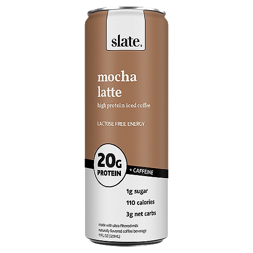 Slate Mocha Latte Ultra-Filtered Milk + Coffee, 11 fl oz
0g added sugar*
*Not a low calorie food. See side panel for nutritional information.

16g carbs - 12g allulose - 1g fiber = 3g Net Carbs

No rBSTs**
**FDA states no significant difference has been shown between milk from cows treated and not treated with rBST growth hormones