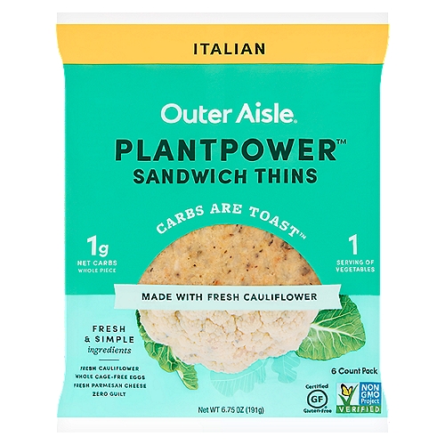 Outer Aisle Plantpower Italian Sandwich Thins, 6 count, 6.75 oz
Carbs Are Toast™

Stack 'em, wrap 'em, or just plain snack 'em. Our cauliflower sandwich thins are a light alternative to enjoy your favorite sandwiches, wraps, tacos, burgers and more. Toast them, heat them up or eat them straight out of the bag!