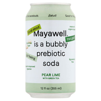 Mayawell Pear Lime with Green Tea Prebiotic Soda, 12 fl oz