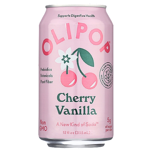 OLIPOP Cherry Vanilla Sparkling Soda 12 fl oz
We've spent years crafting a drink that's as god for your digestion as it is delicious. Olipop combines the benefits prebiotics, plant fiber and botanicals in a sparkling tonic that supports your microbiome and benefits digestive health.

We appointed the cherry pie flavor we were craving with a careful combination of tart morello cherries and the sweet tang of rainier cherries, then rounded things out with soft and sumptuous taste of vanilla bean.