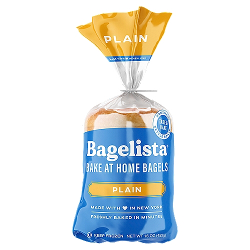 Bagelista Plain Bake at Home Bagels, 16 oz
Bagelista Bake at Home PLAIN

Let's Be Real, nothing beats the smell of freshly baked bagels.
We're a husband and wife team on a mission to provide the authentic New York bagel shop experience in your home.
Our bagels are handmade, kettle boiled and baked halfway. Convenient and deeply satisfying, you will taste the difference immediately.
So pop these bagels in your oven, pour some coffee and enjoy a taste of New York in every bite.
Raise your bagel expectations, and become a Bagelista.
Jenna & Warren