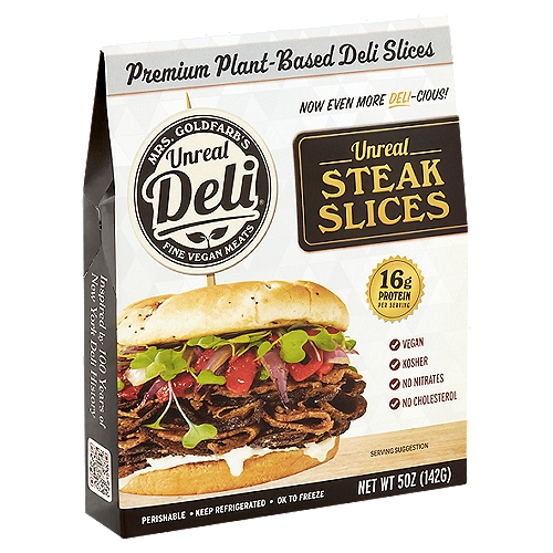 Unreal Deli Mrs. Goldfarb's Fine Vegan Meats Steak Slices, 5 oz
Definition of Steak noun 1b : a thick slice or piece of a non-meat food especially when prepared or served in the manner of beef steak.

Home of the finest plant-made deli meat.