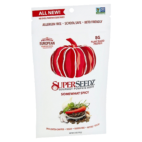 SuperSeedz Somewhat Spicy Gourmet Pumpkin Seeds, 5 oz
Wanna know what makes Superseedz so super? First, it's all about our Premium European pumpkin seeds...they're bigger, born without shells and tastier. Second, they're free from the big 8 allergens, keto/paleo friendly and school safe. Third, they're low in carbs, gluten free and deliver 8 grams of plant base protein. If you're looking for a snack that is more about Flavor than Fire, you're in luck. Somewhat Spicy is a savory blend of aged cayenne, paprika, garlic and sea salt. So skip the chips and join me in guilt free snacking.
Kathie

Why are they super?
When it comes to pumpkin seeds bigger is better. Bigger flavor and better snackability...Plus...
8g protein 16% RDI, iron 15% RDI, magnesium 40% RDI, zinc 15% RDI, vegan

No Shells!
For the perfect, irresistible light crunch. Enjoy anytime, anywhere!

Allergy Friendly
SuperSeedz are free from: Peanuts, tree nuts, milk, wheat egg, soy, fish, shellfish