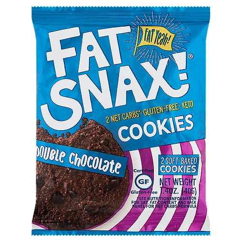 Fat Snax! Double Chocolate Soft-Baked Cookies, 2 count, 1.4 oz
2 Net Carbs*
*See Nutrition Information for Sat. Fat Content and Back Panel for Net Carbs Formula

Snack Away!
You Can Eat Fat and Be Fit. We Cut Down the Carbs, without Sacrificing Taste. We Create Unapologetically Fat-Filled Snacks, so You Can Have Your Cookie and Eat It Too.

5g Total Carbs - 1g Fiber - 2g Sugar Alcohols = 2g Net Carbs