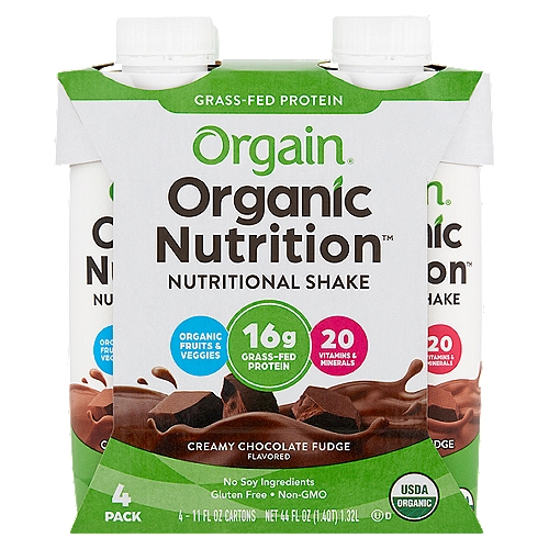 Orgain Organic Nutrition Creamy Chocolate Fudge Flavored Nutritional Shake, 11 fl oz, 4 count
Our OG Nutritional Shake.
This Organic Nutrition Shake is as delicious as it is nutritious. Made from our original blend of organic fruits and vegetables, each tasty shake boasts 20 vitamins and minerals and no GMOs or artificial preservatives, sweeteners or flavors. Simply put, it's everything you need, anywhere you go.

The scoop: 16g organic protein, fruits & veggies and scrumptious sipping.

Cleaner Ingredients
Organic Grass-Fed Milk Protein
Organic Fruit Powder
Organic Veggie Powder
20 Vitamins & Minerals

Higher Standards
No soy ingredients
Gluten free
Non-GMO
Carrageenan free
No artificial sweeteners
No artificial flavors
No artificial preservatives