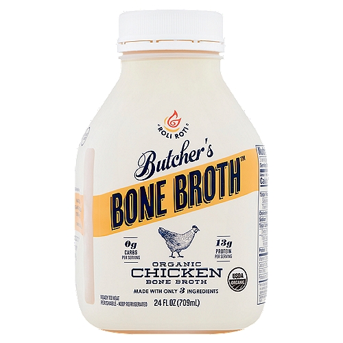 Butcher's Bone Broth Organic Chicken Bone Broth, 24 fl oz
No Salt Added*
*Not a sodium free product

Non-GMO **
**In compliance with the USDA Organic Regulations

Great for
• Soups & Stews
• Seasoning Rice & Potatoes
• Sauces & Gravy
• Sipping Hot