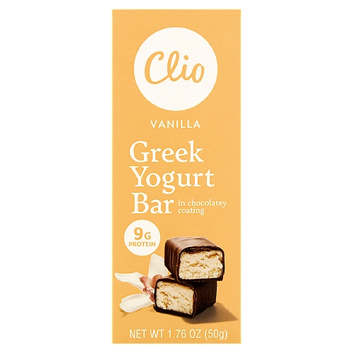 Clio Vanilla Greek Yogurt Bar in Chocolatey Coating, 1.76 oz
Live Active Cultures [L. Bulgaricus, S. Thermophilus]

No rBST*
*According to the FDA, no significant difference has been found between milk derived from rBST-treated and non-rBST-treated cows.