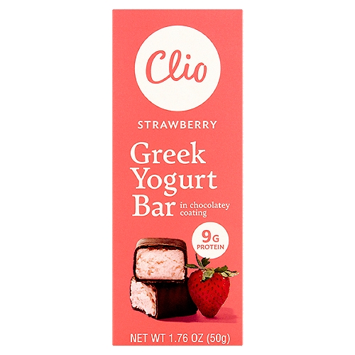 Clio Strawberry Greek Yogurt Bar in Chocolatey Coating, 1.76 oz
Live Active Cultures [L. Bulgaricus, S. Thermophilus]

No rBST*
*According to the FDA, no significant difference has been found between milk derived from rBST-treated and non-rBST-treated cows.