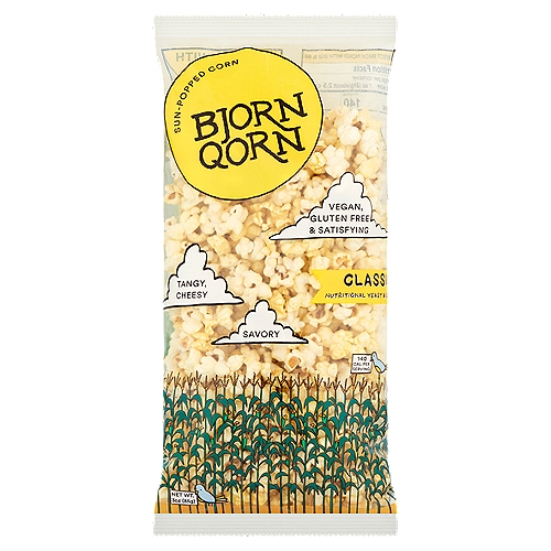 Bjorn Qorn Classic Sun-Popped Corn, 3 oz
Popped with Solar Power!
A New Classic!
Call it savory, cheezy, nutty, or noochy. Granted, it's hard to describe.

We call it BjornQorn!
Forged in Jamie's solar ovens. Raised from the ground on Bjorn's family farm. It's a B-Vitamin Blitz in a bewilderingly delicious way.
Butter it is not. Cheese it is not. But it is real nonetheless. You are not imagining it.