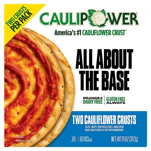 CAULIPOWER Cauliflower Pizza Crusts, 2 Pack, 11 oz
CAULIPOWER® uses the power of veggies to make healthier, easier versions of the food you crave, that actually TASTE like the food you crave. CAULIPOWER is the #1 selling cauliflower crust pizza, the #1 natural pizza, and the #1 gluten-free pizza in the U.S. Our frozen Cauliflower Pizza Crust is made with real cauliflower, providing the perfect blank canvas for your fresh culinary masterpiece or last night's tasty leftovers. Ready in minutes and cooked to crispy perfection, everyone at the table will be saying “Wait, this is cauliflower crust?!”