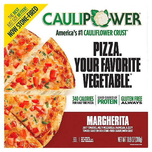 CAULIPOWER Margherita Stone-fired Cauliflower Crust Pizza, 10.9 oz
CAULIPOWER® uses the power of veggies to make healthier, easier versions of the food you crave, that actually TASTE like the food you crave. The BEST just got BETTER: America's #1 cauliflower crust pizza is NOW STONE-FIRED and crispier than ever! Our Margherita Pizza is a nutritious spin on a classic fave, using our delicious crust that's made with real cauliflower as the base, and topping it with vine-ripened tomatoes and a melty mix of mozzarella and parmesan cheese. It's tasty, crispy, “WHOA! THIS IS MADE WITH CAULIFLOWER CRUST?!” pizza.