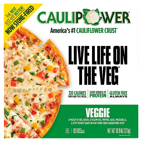 CAULIPOWER Veggie Stone-fired Cauliflower Crust Pizza, 10.9 oz
CAULIPOWER® uses the power of veggies to make healthier, easier versions of the food you crave, that actually TASTE like the food you crave. The BEST just got BETTER: America's #1 cauliflower crust pizza is NOW STONE-FIRED and crispier than ever! Our Veggie Pizza combines our delicious crust that's made with real cauliflower with ripe green, red, and yellow peppers, melty mozzarella cheese, and a zesty tomato sauce. It's tasty, crispy, “WHOA! THIS IS MADE WITH CAULIFLOWER CRUST?!” pizza.