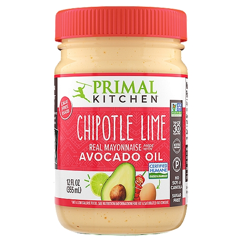 Primal Kitchen Chipotle Lime Mayo Avocado Oil Real Mayonnaise, 12 fl oz
Sugar Free†
† Not a Low Calorie Food.