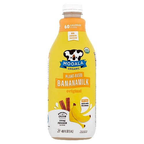 Mooala Organic Original Plant-Based Bananamilk, 48 fl oz
No Added Sugar†
†Not a low-calorie food.

Good source of Calcium*

Did You Know? Our Original Bananamilk is a good source of calcium!*
*Calcium Not Derived from Dairy Milk

"Bananamilk? You guys are nuts!" but we're not nuts. We're totally bananas. Our Original Bananamilk recipe fuses pureed bananas and roasted sunflower seeds into a silky, creamy balance that's topped off with a dash of cinnamon. There are no refined sugars, no dairy, and no nuts. It's delicious in cereal, smoothies, baking treats, and...yes...it will even lighten your coffee. C'mon. Be bananas with us.