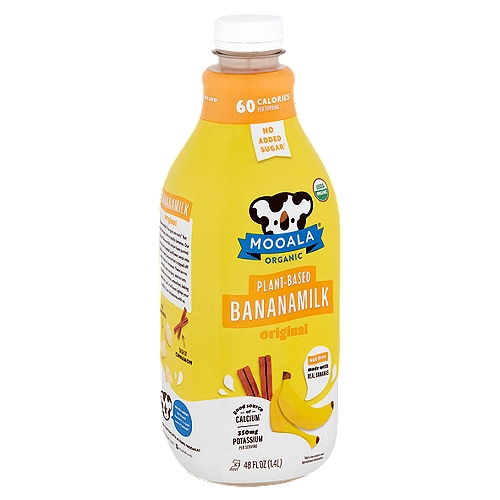 Mooala Organic Original Plant-Based Bananamilk, 48 fl oz
No Added Sugar†
†Not a low-calorie food.

Good source of Calcium*

Did You Know? Our Original Bananamilk is a good source of calcium!*
*Calcium Not Derived from Dairy Milk

''Bananamilk? You guys are nuts!'' but we're not nuts. We're totally bananas. Our Original Bananamilk recipe fuses pureed bananas and roasted sunflower seeds into a silky, creamy balance that's topped off with a dash of cinnamon. There are no refined sugars, no dairy, and no nuts. It's delicious in cereal, smoothies, baking treats, and...yes...it will even lighten your coffee. C'mon. Be bananas with us.