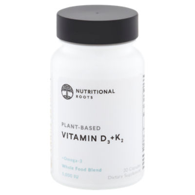 Nutritional Roots Plant-Based Vitamin D₃+K₂ Dietary Supplement, 30 count