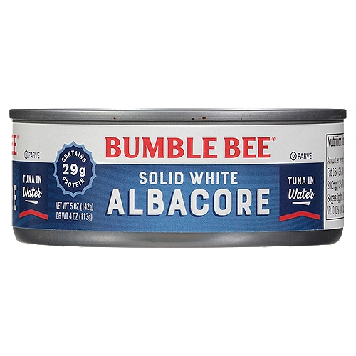 Bumble Bee Solid White Albacore Tuna in Water 5 oz. Can
Our premium Solid White Albacore in Water doesn't just do it all, it does it all better. It's fast food that doesn't come from a fryer. A workout fuel with 29g lean protein per can that beats the hell out of eggs and protein shakes. A superfood without the super high cost. It will comfort you in a casserole, turn the table up on a taco Tuesday, and make you a real wrap god. We'd call it the skipjack of all trades, if it wasn't albacore.