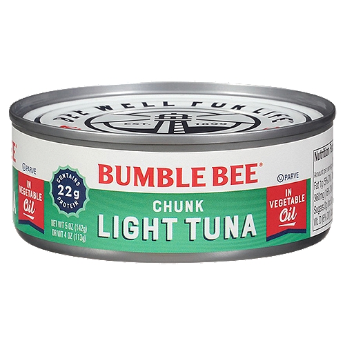Bumble Bee Chunk Light Tuna in Vegetable Oil 5 oz. Can
Hardy enough to hold its own in any meal, these thick and chunky bites of premium tuna in vegetable oil are a healthy, high-protein alternative to red meats. It is a superfood, after all. Bonus facts: it's easy, it's versatile, it's gluten-free and delivers a fast meal that doesn't come with a delivery fee.