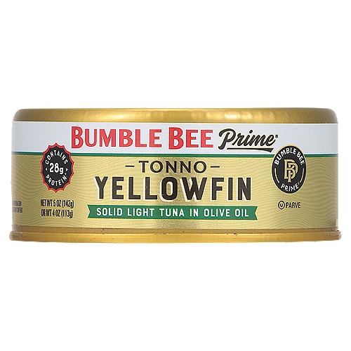 Bumble Bee Prime Yellowfin Solid Light Tuna in Olive Oil, 5 oz
Contains 28g Protein*
*See Nutrition for Fat and Sodium Content