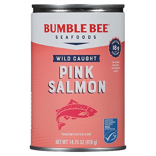 Bumble Bee Wild Caught Pink Salmon 14.75 oz. Can
Superfoods come in all colors. This one just happens to be pink, and affordable. Our wild-caught pink salmon supercharges you day or night with lean protein, healthy fats, and nutrition packed into every bite. It's also so versatile, you can put this super fish into anything. Craving spicy and lean? Make some chili lime salmon tacos. Something savory and healthy? Try a salmon veggie casserole. Light with a side of super? Salmon salad, wraps, sushi, and sliders are all fan favorites.

Protein* 18g per Serving
*See nutrition information for sodium & cholesterol content

Discover the goodness.
Sure there are lots of fish in the sea, but there's only one Bumble Bee. Wild caught. Protein rich. Mild, delicate and ready to savor. This pink salmon is easy to use in all your favorite recipes - and a few of ours!