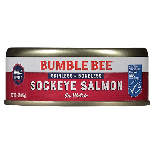 Bumble Bee Skinless & Boneless Sockeye Salmon in Water 5 oz. Can
Savory salmon you can eat straight from the can. Doesn't get any better than that. Unless you count the 21g of lean, muscle-building protein (that's 41% of your daily value, FYI). Or the delicious possibilities of turning that salmon into a sizzling juicy salmon burger, a flaky and fresh sandwich, or your favorite salmon dip, salad or soup.