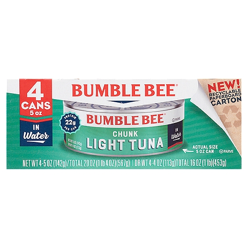Bumble Bee Chunk Light Tuna in Water, 5 oz, 4 count
Think outside the sandwich!
Sure there are lots of fish in the sea, but there's only one Bumble Bee. Wild caught. Incredibly delicious. Amazingly versatile. This light tuna is packed with protein and ready for anything- think salads, wraps, pasta, and more.