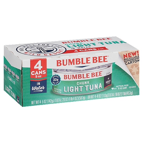 Bumble Bee Chunk Light Tuna in Water, 5 oz, 4 count
Think outside the sandwich!
Sure there are lots of fish in the sea, but there's only one Bumble Bee. Wild caught. Incredibly delicious. Amazingly versatile. This light tuna is packed with protein and ready for anything- think salads, wraps, pasta, and more.