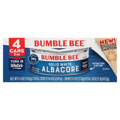 Bumble Bee Solid White Albacore Tuna in Water, 5 oz, 4 count, 20 Ounce