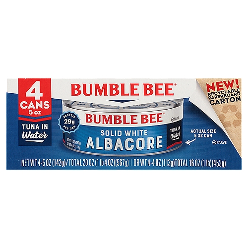 Bumble Bee Solid White Albacore Tuna in Water, 5 oz, 4 count
Go wild for albacore.
Sure there are lots of fish in the sea, but there's only one Bumble Bee. Wild caught. Amazing albacore. This albacore tuna is firm, flavorful, and packed with protein. Dive in. Perfect in a salad, on a sandwich, or with pasta.