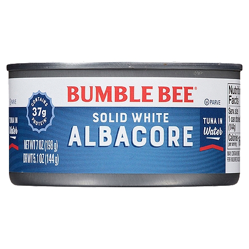 Bumble Bee Solid White Albacore Tuna in Water 7 oz. Can
Our premium Solid White Albacore in Water doesn't just do it all, it does it all better. It's fast food that doesn't come from a fryer. A workout fuel with 29g lean protein per can that beats the hell out of eggs and protein shakes. A superfood without the super high cost. It will comfort you in a casserole, turn the table up on a taco Tuesday, and make you a real wrap god. We'd call it the skipjack of all trades, if it wasn't albacore.

Contains 37g Protein*
*See Nutrition Information for Cholesterol Content